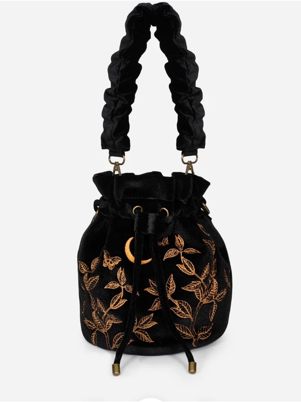 Disturbia Embroidered Velvet Drawstring Bucket Bag - Black with Gold Accents
